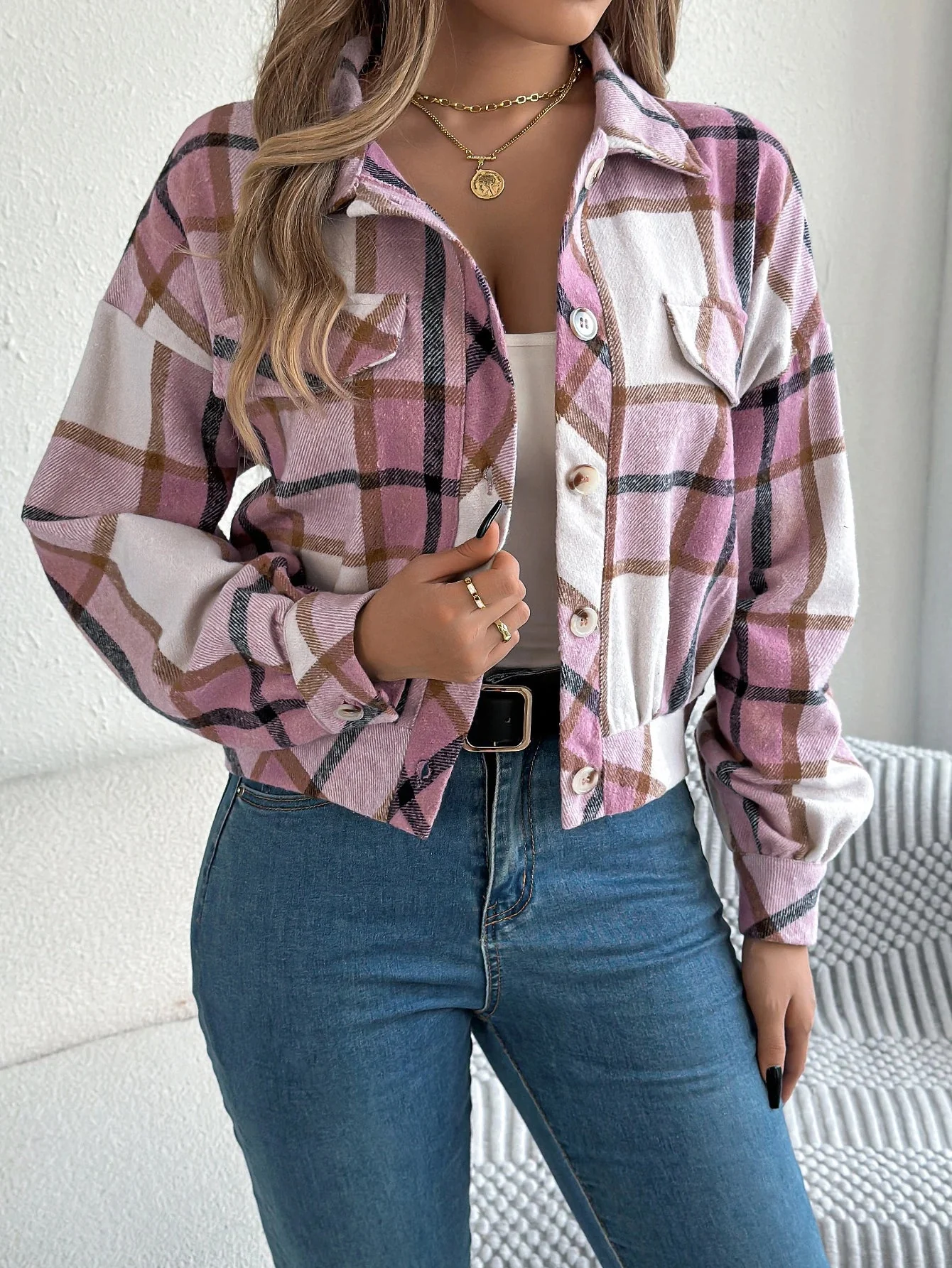 Ceylan Women's Shacket Cropped Plaid Flannel Shirt Jacket - Image 4
