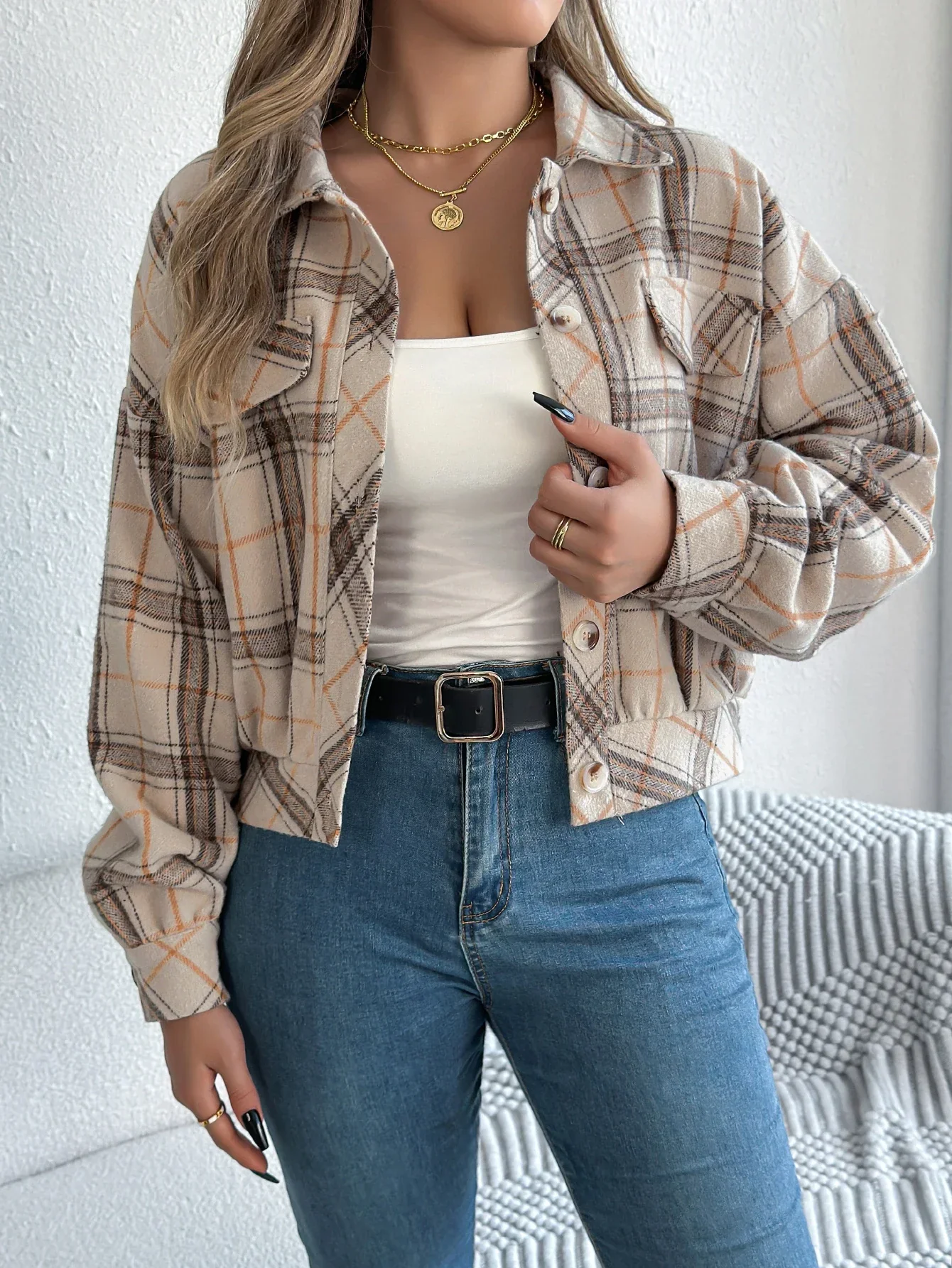 Ceylan Women's Shacket Cropped Plaid Flannel Shirt Jacket - Image 6