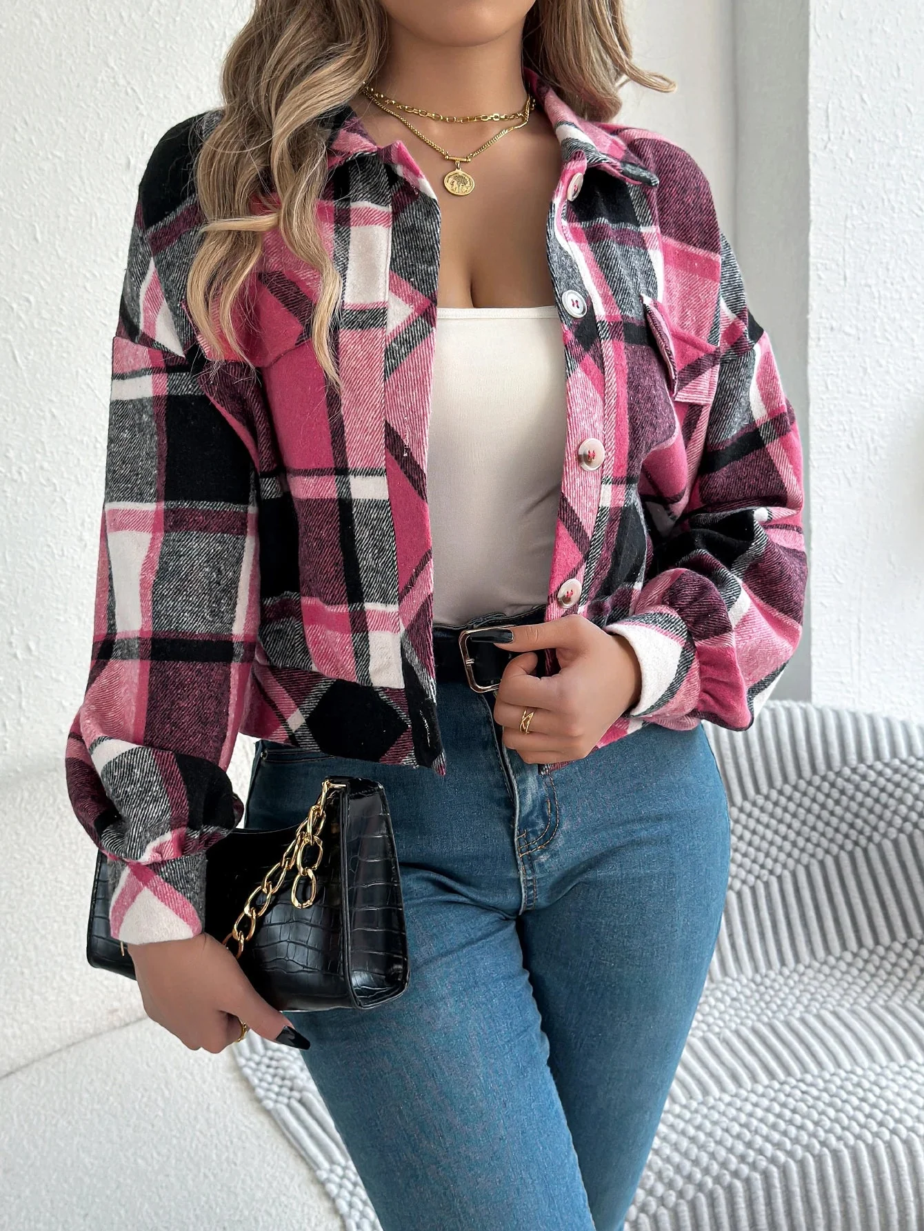 Ceylan Women's Shacket Cropped Plaid Flannel Shirt Jacket - Image 7