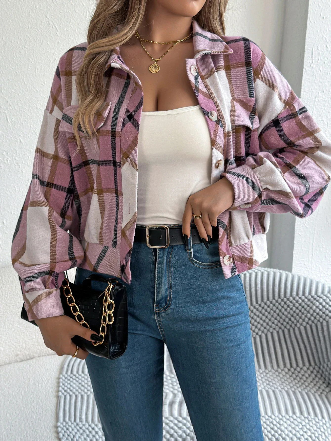 Ceylan Women's Shacket Cropped Plaid Flannel Shirt Jacket - Image 9
