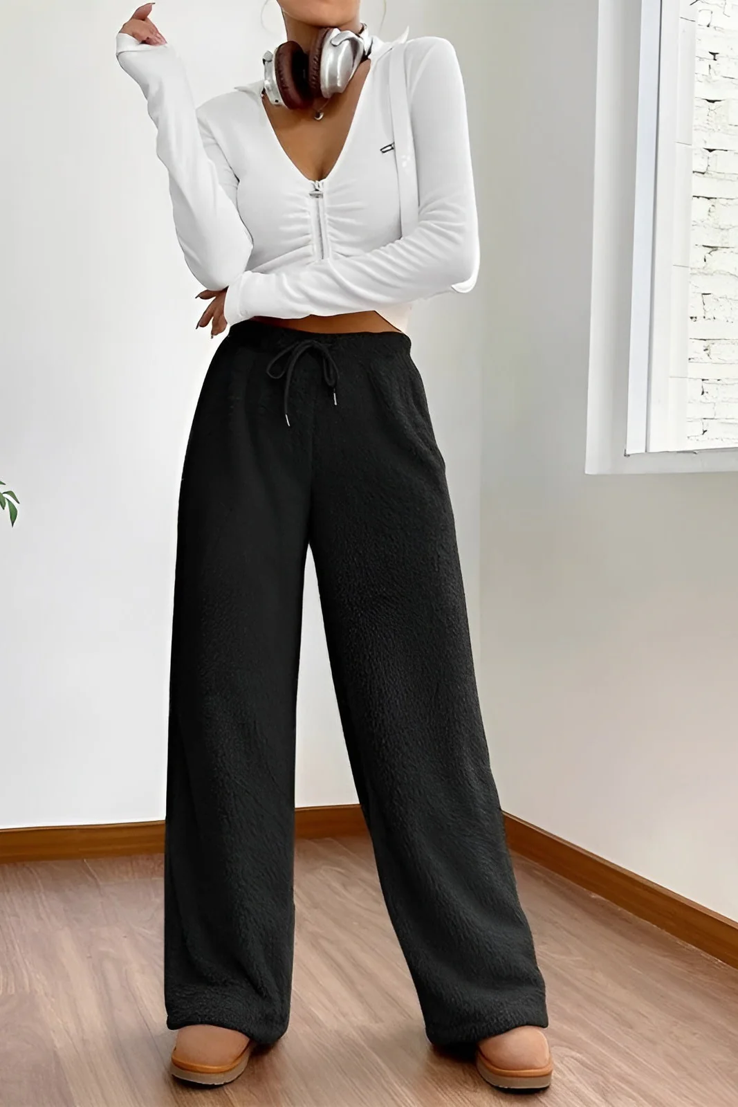 Ceylan Women's Sherpa Fleece Wide Leg Pants Cozy Lounge - Image 4