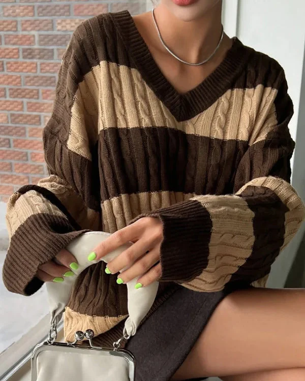 Ceylan Women's Sweater Cropped Striped Cable Knit V-Neck - Image 3
