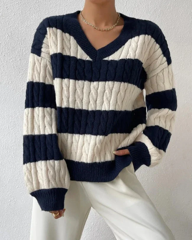 Ceylan Women's Sweater Cropped Striped Cable Knit V-Neck - Image 4