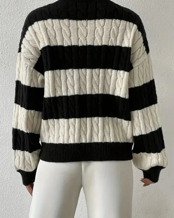 Ceylan Women's Sweater Cropped Striped Cable Knit V-Neck - Image 6