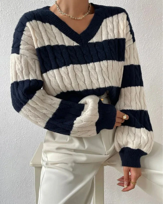 Ceylan Women's Sweater Cropped Striped Cable Knit V-Neck - Image 7