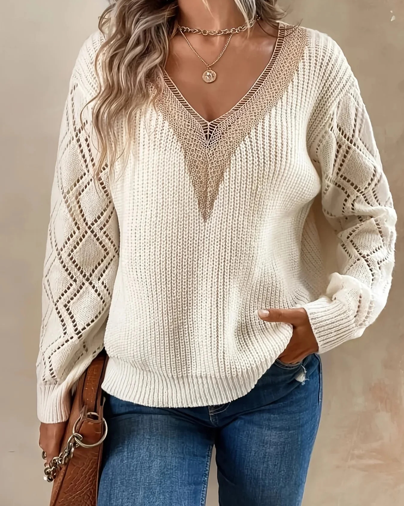 Ceylan Women's Sweater Lace Trim V-Neck Pointelle Knit Sleeve - Image 2