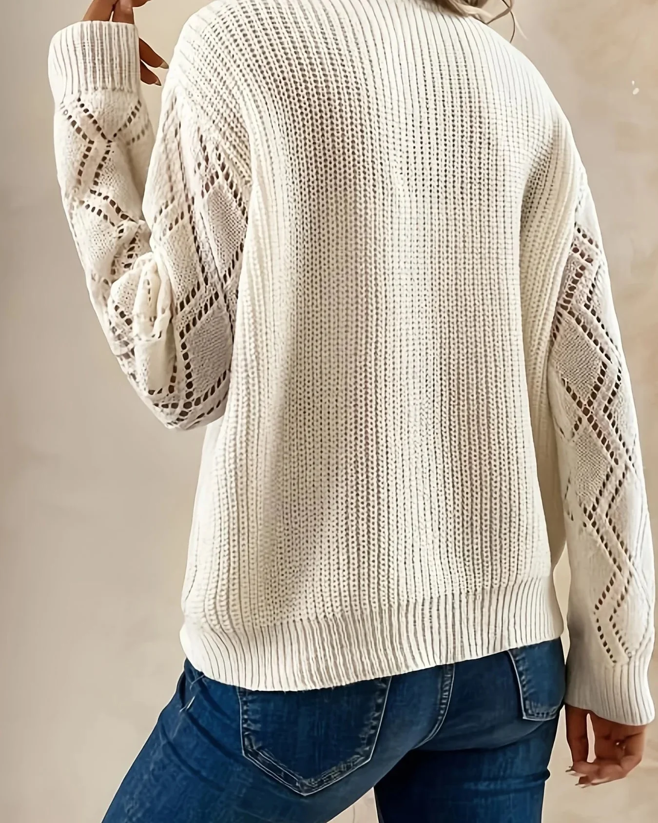 Ceylan Women's Sweater Lace Trim V-Neck Pointelle Knit Sleeve - Image 3