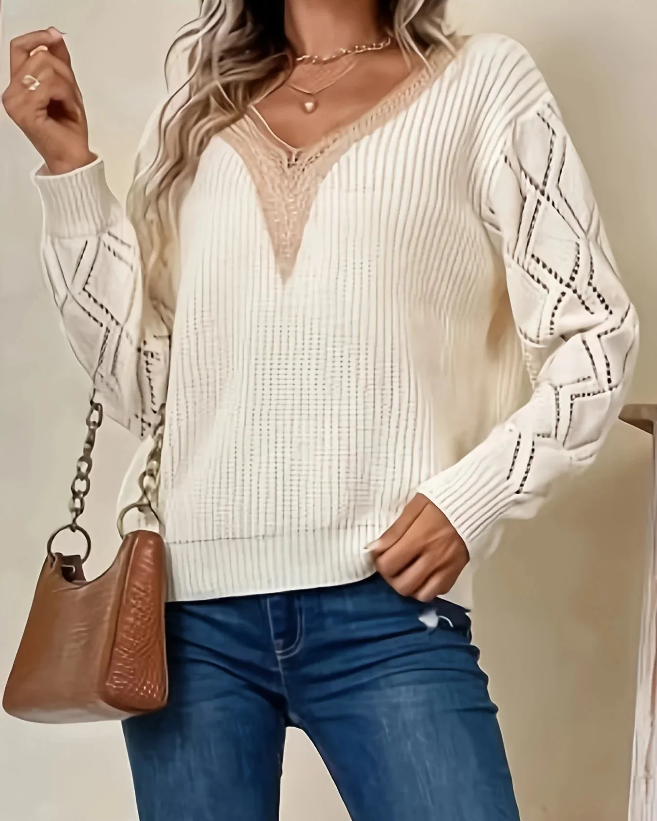 Ceylan Women's Sweater Lace Trim V-Neck Pointelle Knit Sleeve - Image 4