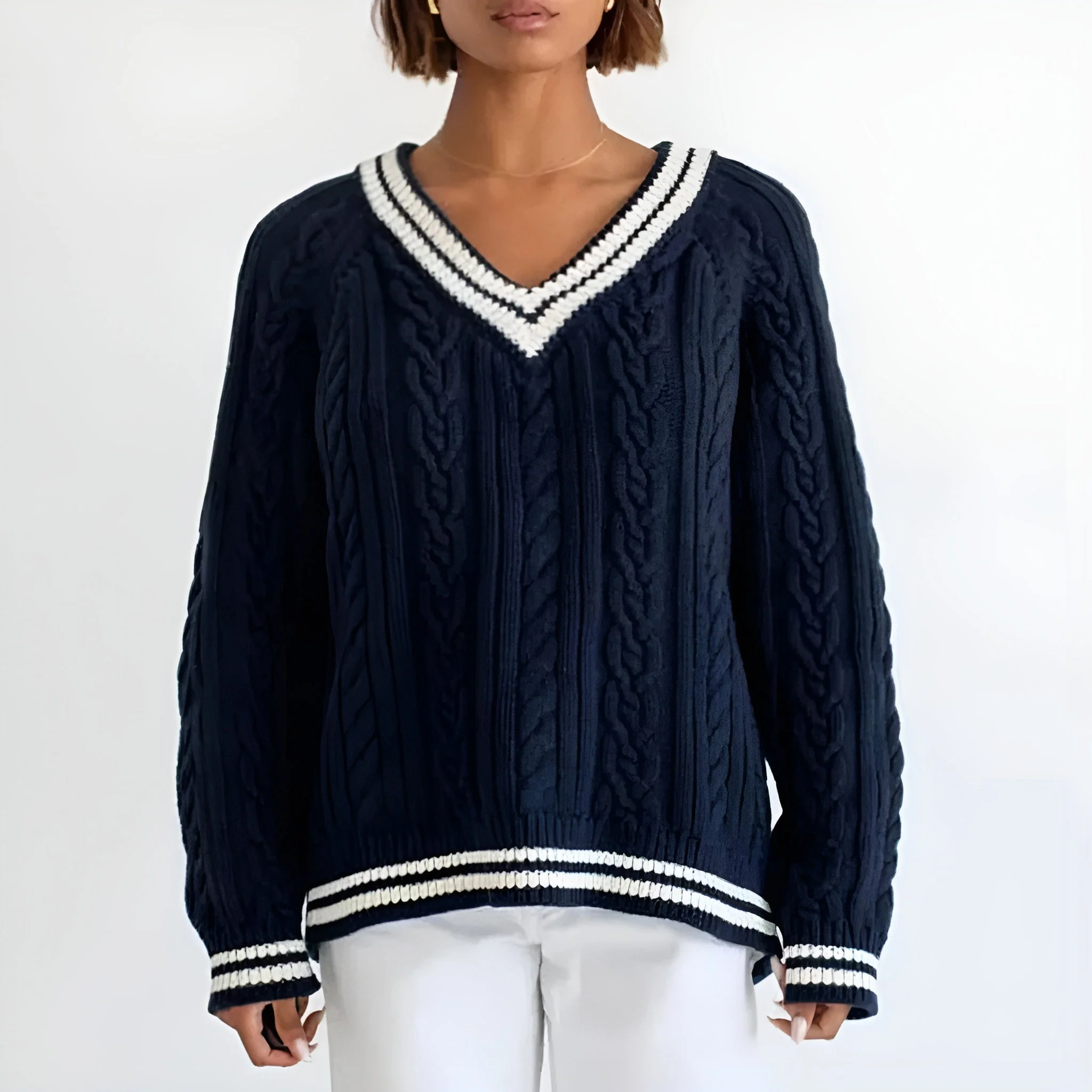 Ceylan Women's Sweater Oversized Cable Knit V-Neck Jumper - Image 3