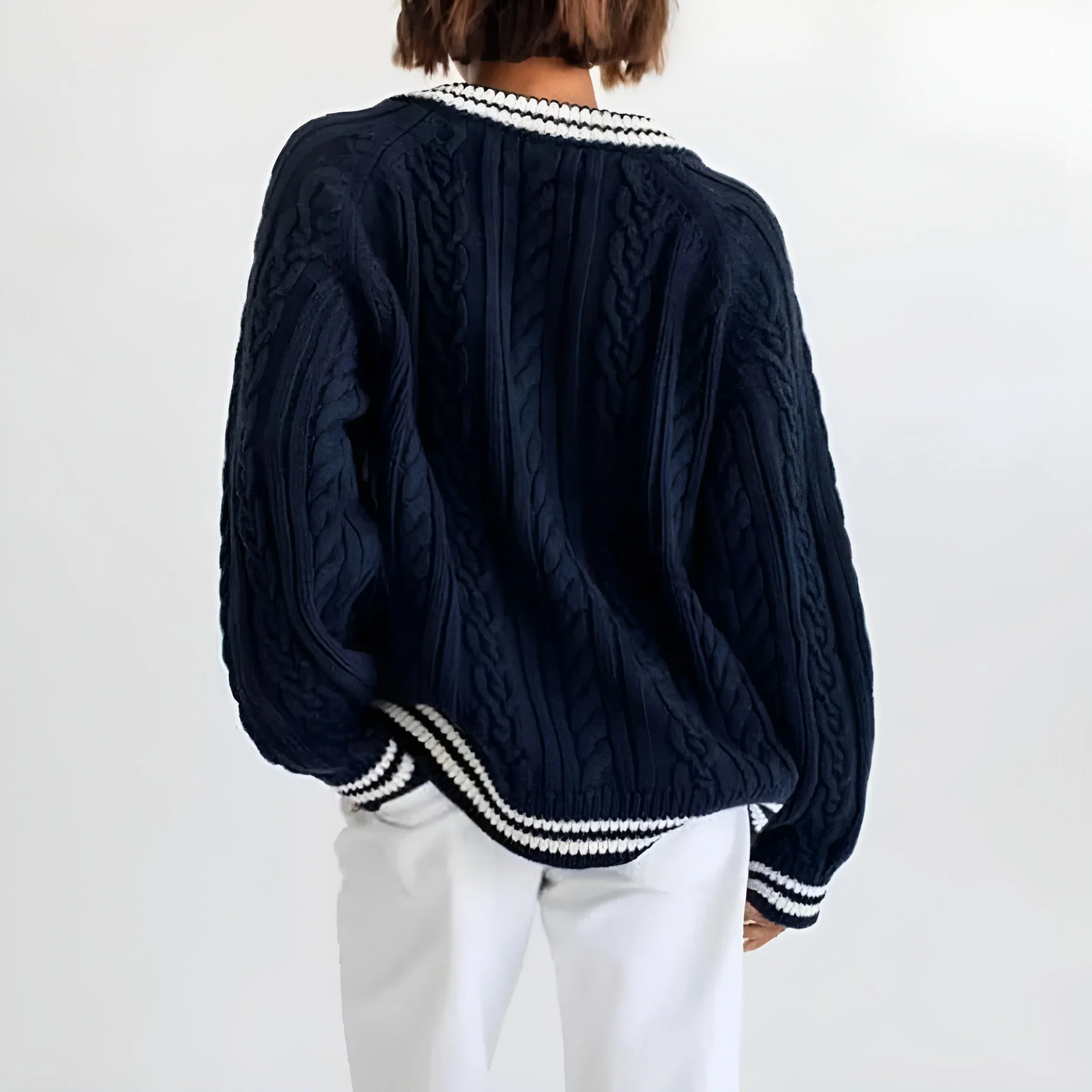 Ceylan Women's Sweater Oversized Cable Knit V-Neck Jumper - Image 5