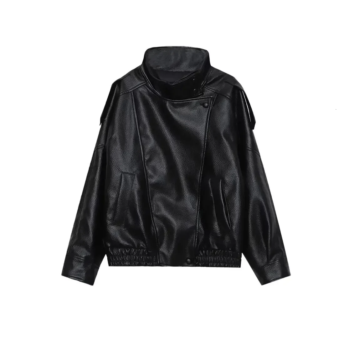 Ceylan Women's Textured Faux Leather Jacket Stand Collar Bomber - Image 3
