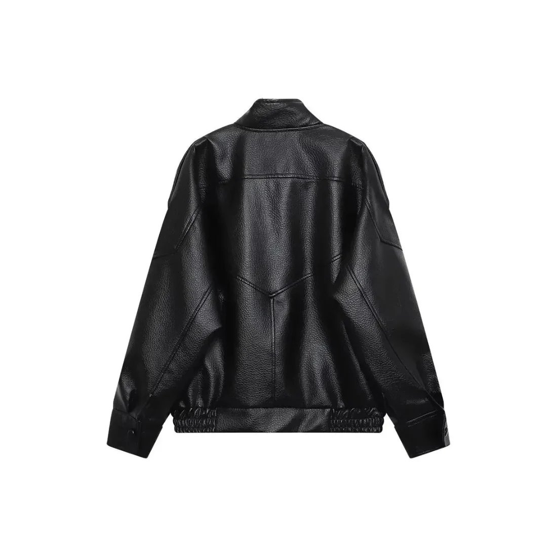 Ceylan Women's Textured Faux Leather Jacket Stand Collar Bomber - Image 4