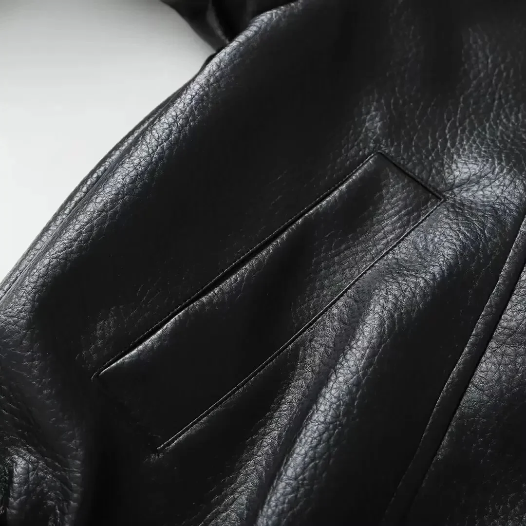 Ceylan Women's Textured Faux Leather Jacket Stand Collar Bomber - Image 5