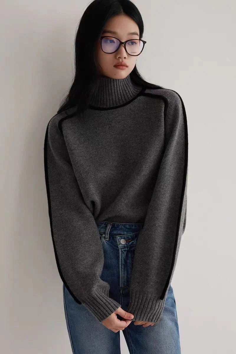 Ceylan Women's Turtleneck Sweater with Contrast Piping - Image 3
