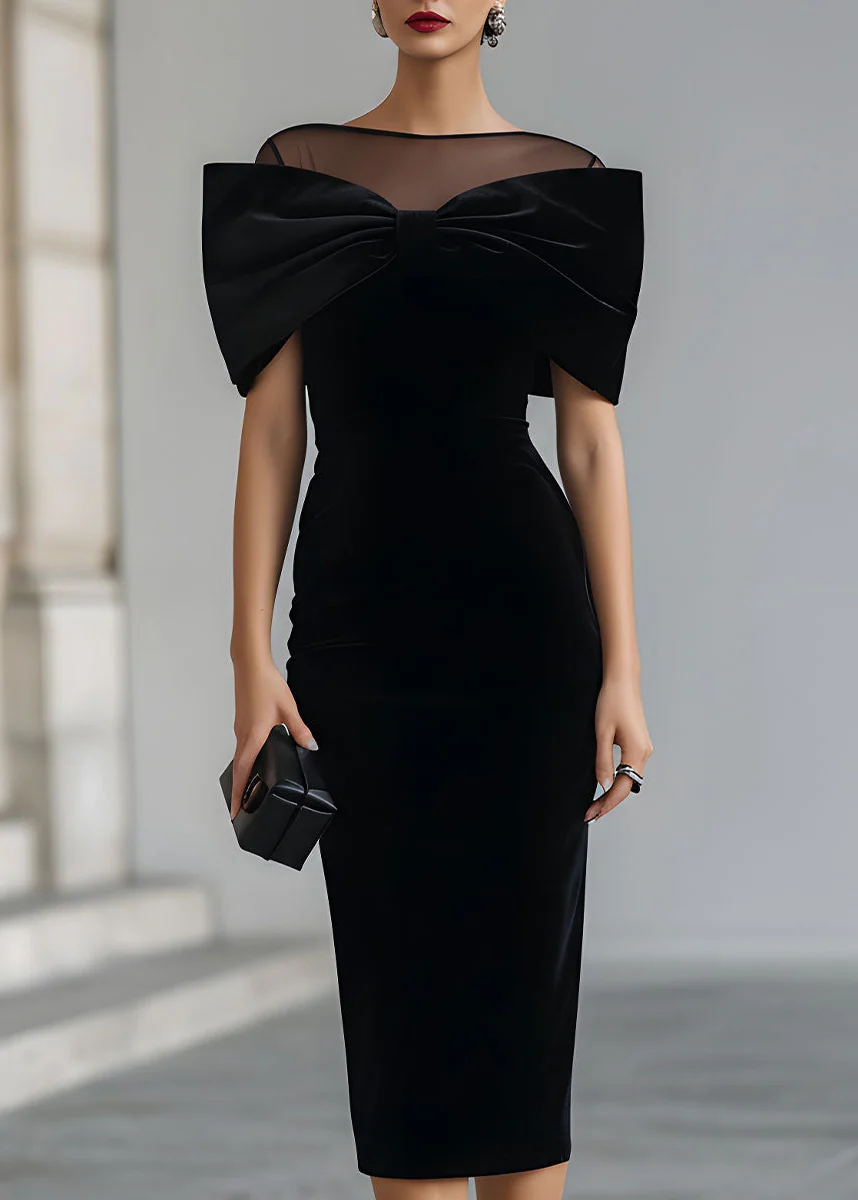 Ceylan Women's Velvet Midi Dress Dramatic Bow Neckline - Image 2