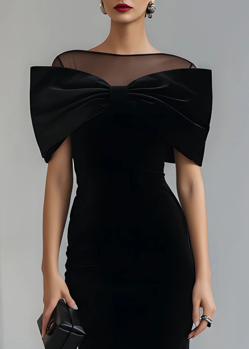 Ceylan Women's Velvet Midi Dress Dramatic Bow Neckline - Image 3