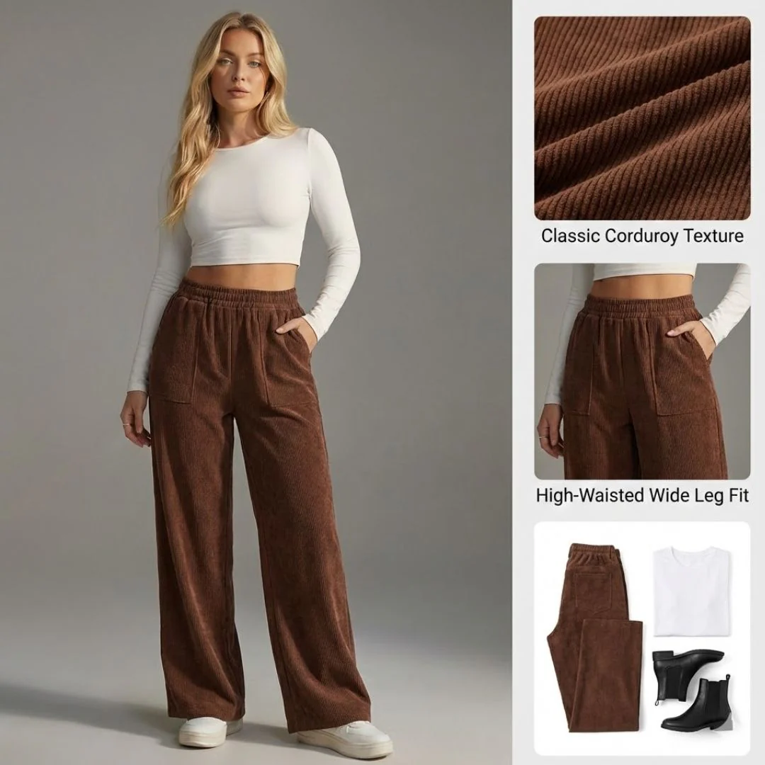 Ceylan Women's Wide Leg Corduroy Trousers Elastic Fit