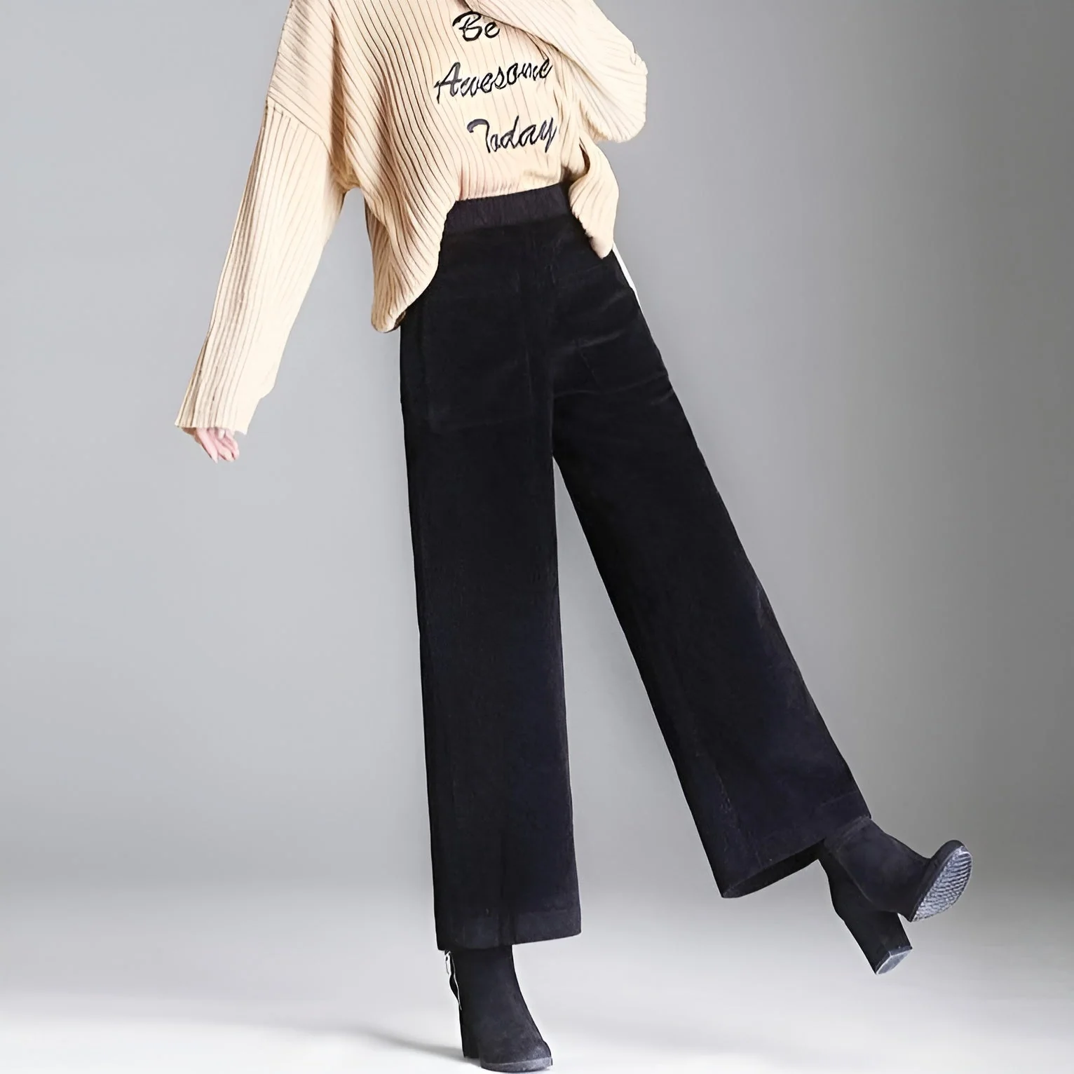 Ceylan Women's Wide Leg Corduroy Trousers Elastic Fit - Image 4