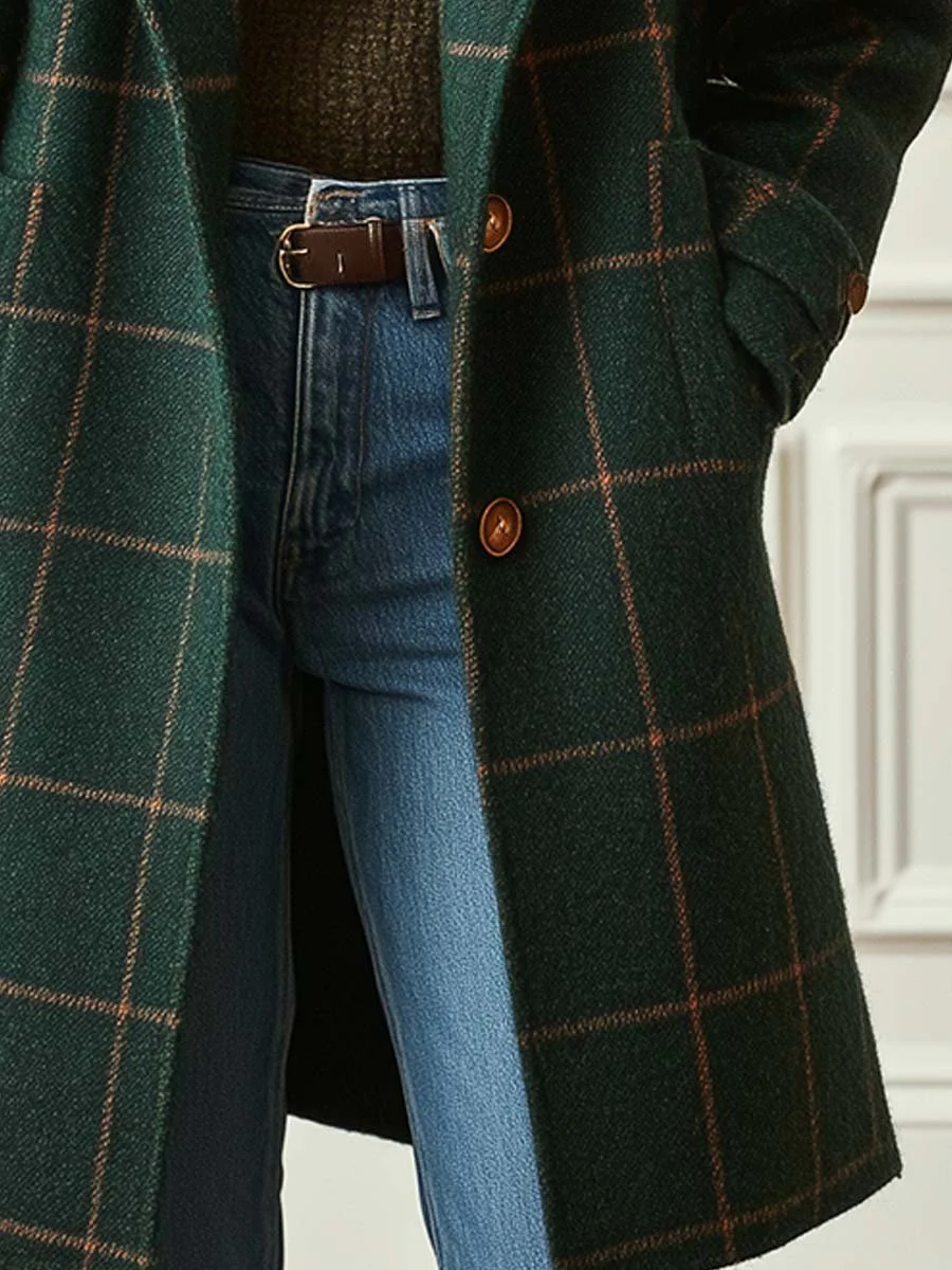 Ceylan Forest Green Windowpane Plaid Wool Coat - Image 2