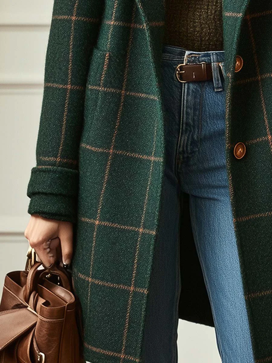 Ceylan Forest Green Windowpane Plaid Wool Coat - Image 3