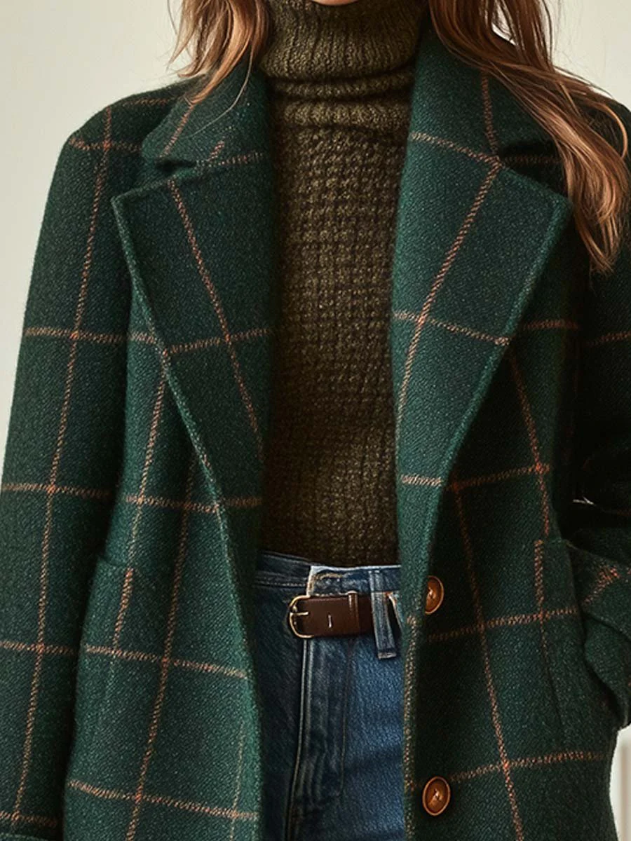 Ceylan Forest Green Windowpane Plaid Wool Coat - Image 4