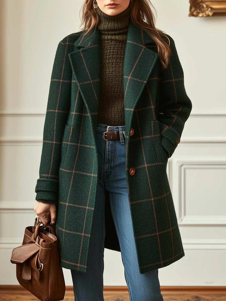 Ceylan Forest Green Windowpane Plaid Wool Coat - Image 5