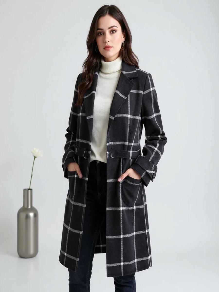Ceylan Forest Green Windowpane Plaid Wool Coat - Image 6
