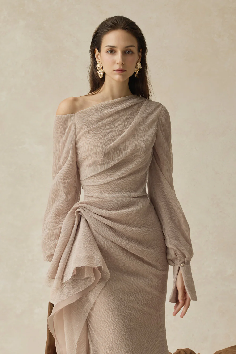 Women’s Asymmetric Draped Midi Dress with Ruched Long Sleeves - Image 2