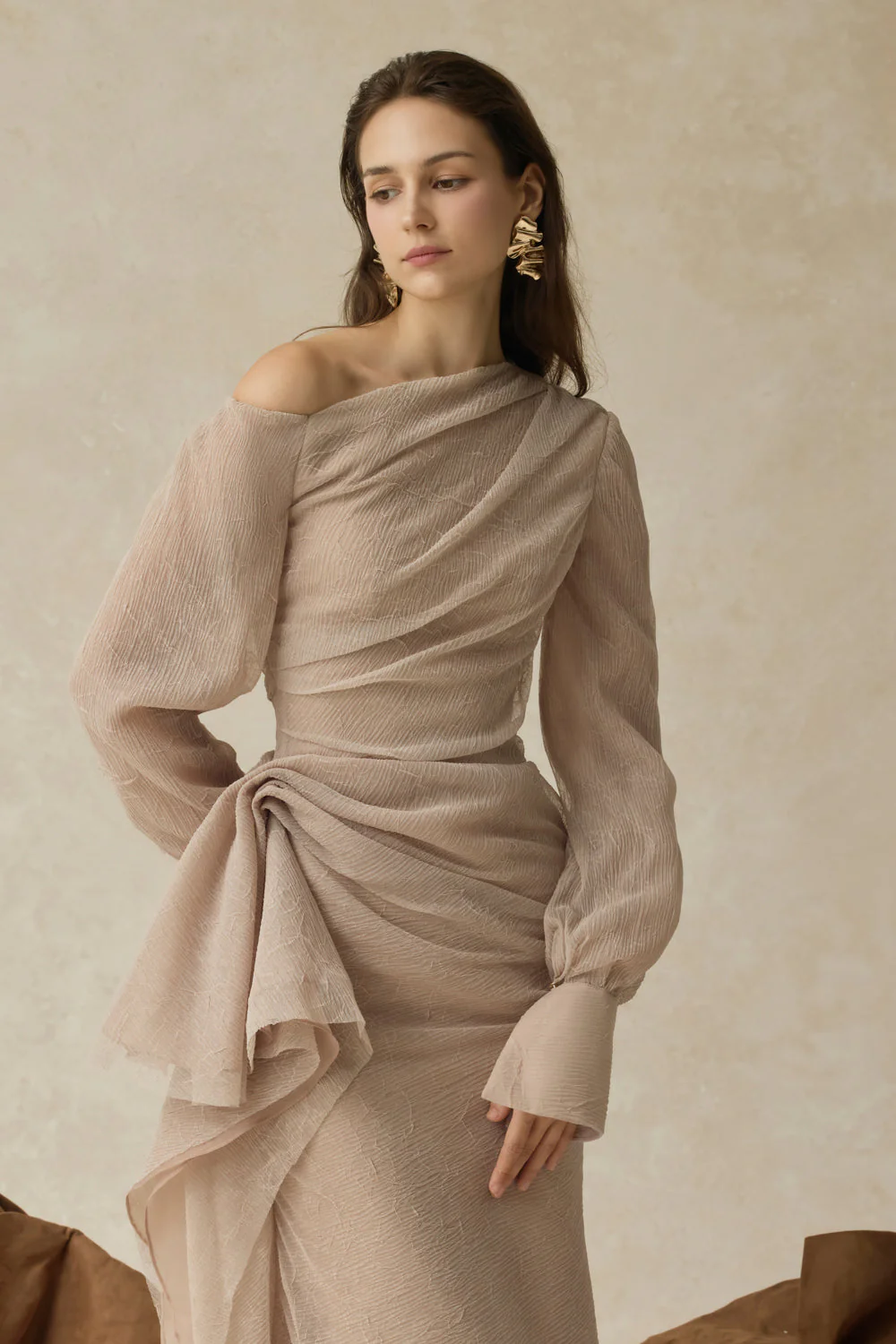 Women’s Asymmetric Draped Midi Dress with Ruched Long Sleeves - Image 3