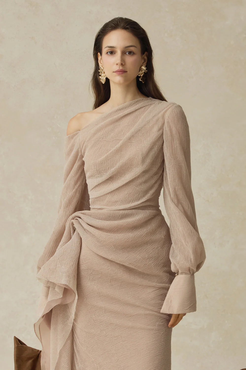 Women’s Asymmetric Draped Midi Dress with Ruched Long Sleeves - Image 4