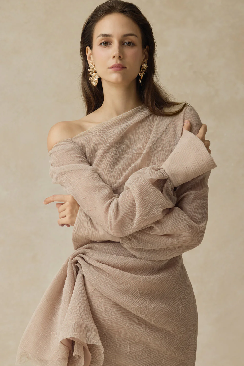 Women’s Asymmetric Draped Midi Dress with Ruched Long Sleeves - Image 5