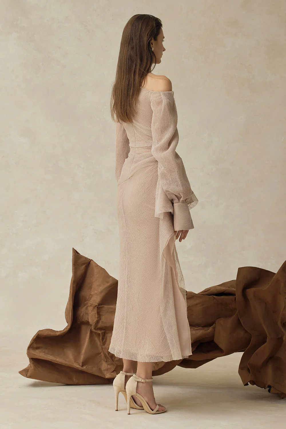 Women’s Asymmetric Draped Midi Dress with Ruched Long Sleeves - Image 6