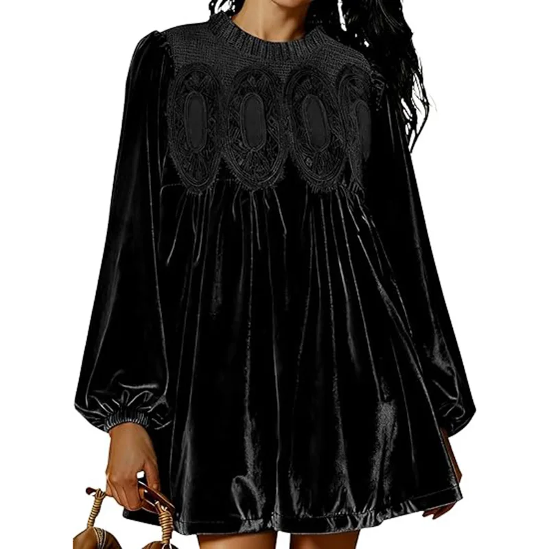 Women’s Flared Lace Blouse with Long Sleeves and Velvet Trim - Image 2