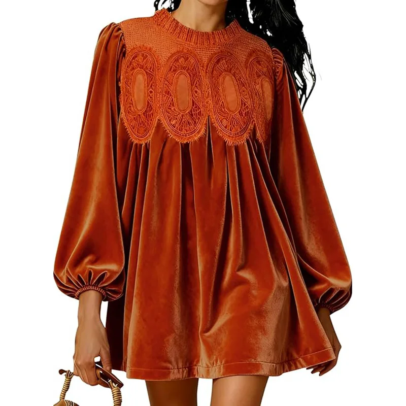 Women’s Flared Lace Blouse with Long Sleeves and Velvet Trim - Image 3