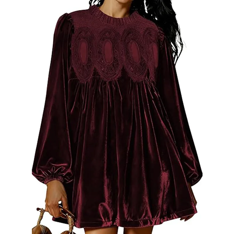 Women’s Flared Lace Blouse with Long Sleeves and Velvet Trim - Image 4