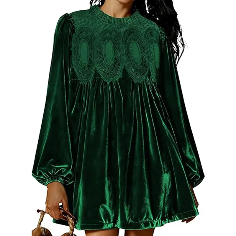 Women’s Flared Lace Blouse with Long Sleeves and Velvet Trim - Image 5