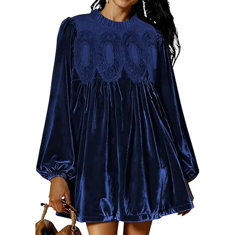 Women’s Flared Lace Blouse with Long Sleeves and Velvet Trim - Image 6