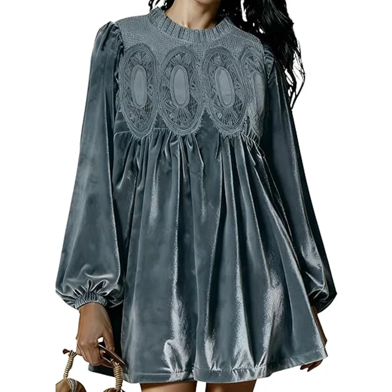 Women’s Flared Lace Blouse with Long Sleeves and Velvet Trim - Image 7