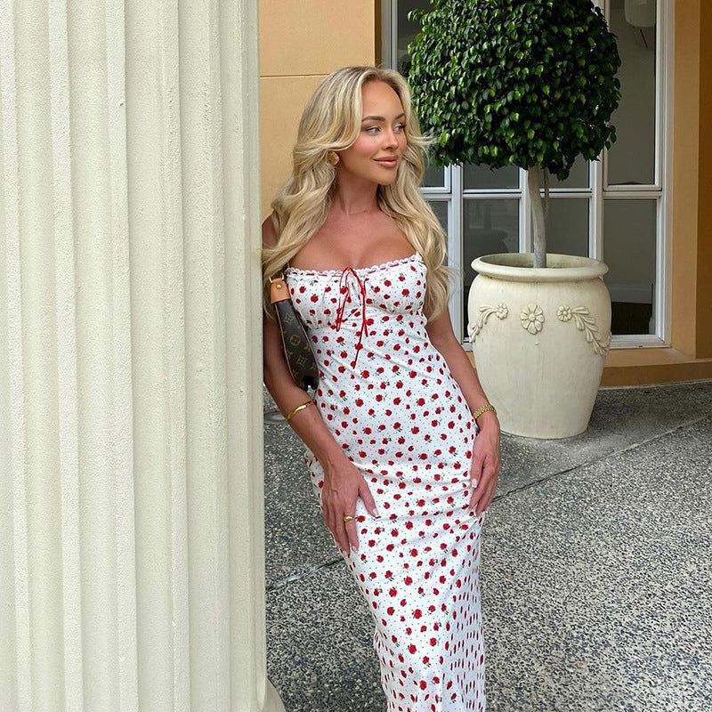 Women’s Floral Slip Maxi Dress with Tie Front Gathered Bust - Image 4
