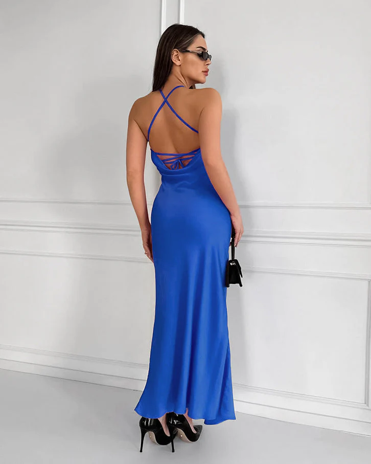 Women’s Halter Neck Satin Maxi Dress with Bias Cut Silhouette - Image 4