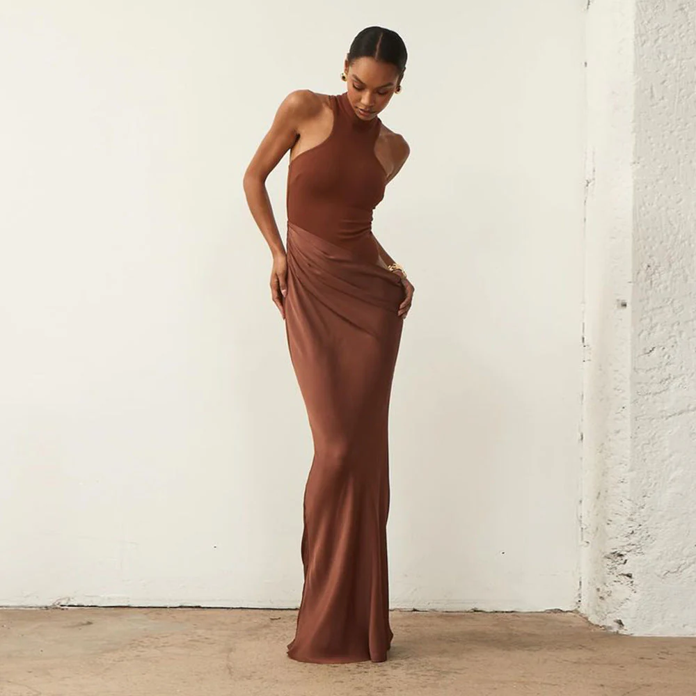 Women’s High Neck Maxi Dress with Draped Asymmetric Satin Skirt - Image 2