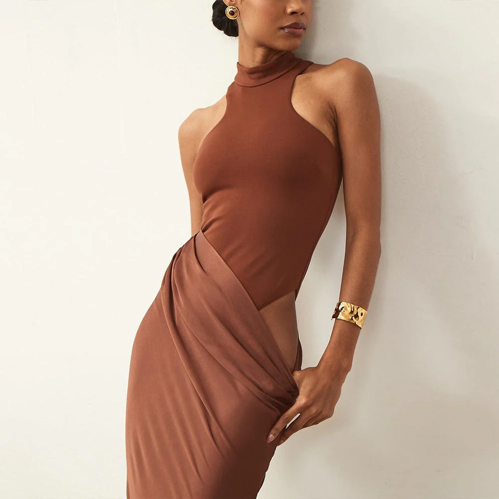 Women’s High Neck Maxi Dress with Draped Asymmetric Satin Skirt - Image 3