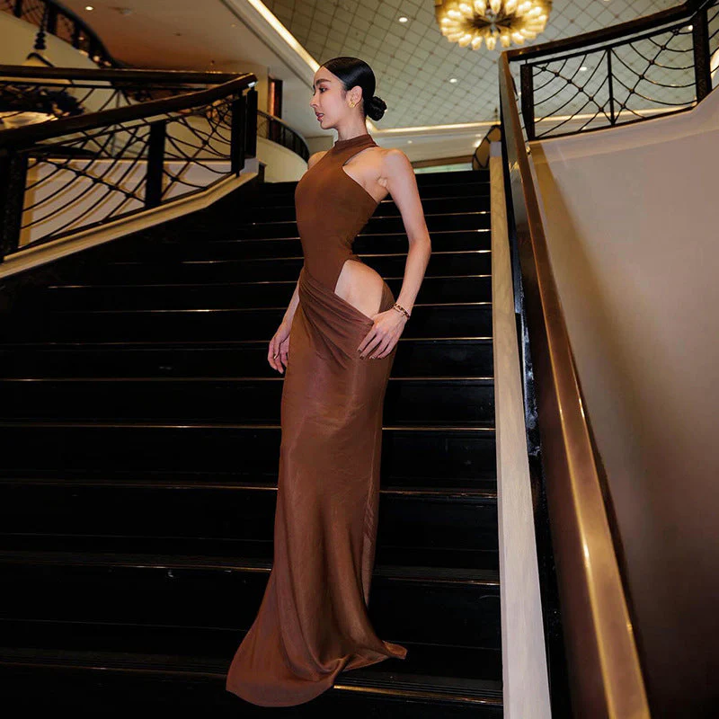 Women’s High Neck Maxi Dress with Draped Asymmetric Satin Skirt - Image 4