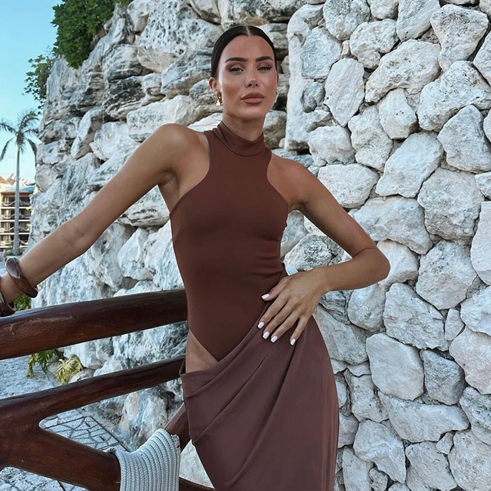 Women’s High Neck Maxi Dress with Draped Asymmetric Satin Skirt - Image 5