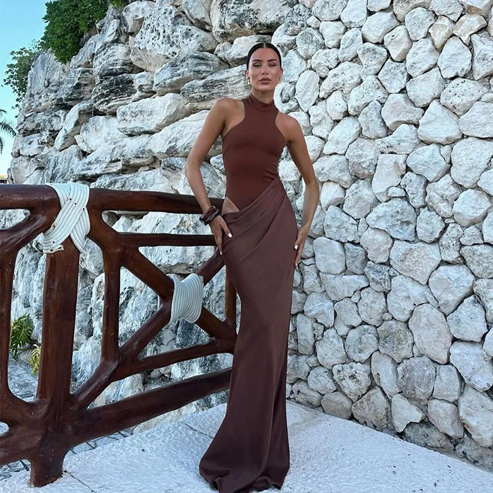 Women’s High Neck Maxi Dress with Draped Asymmetric Satin Skirt - Image 6