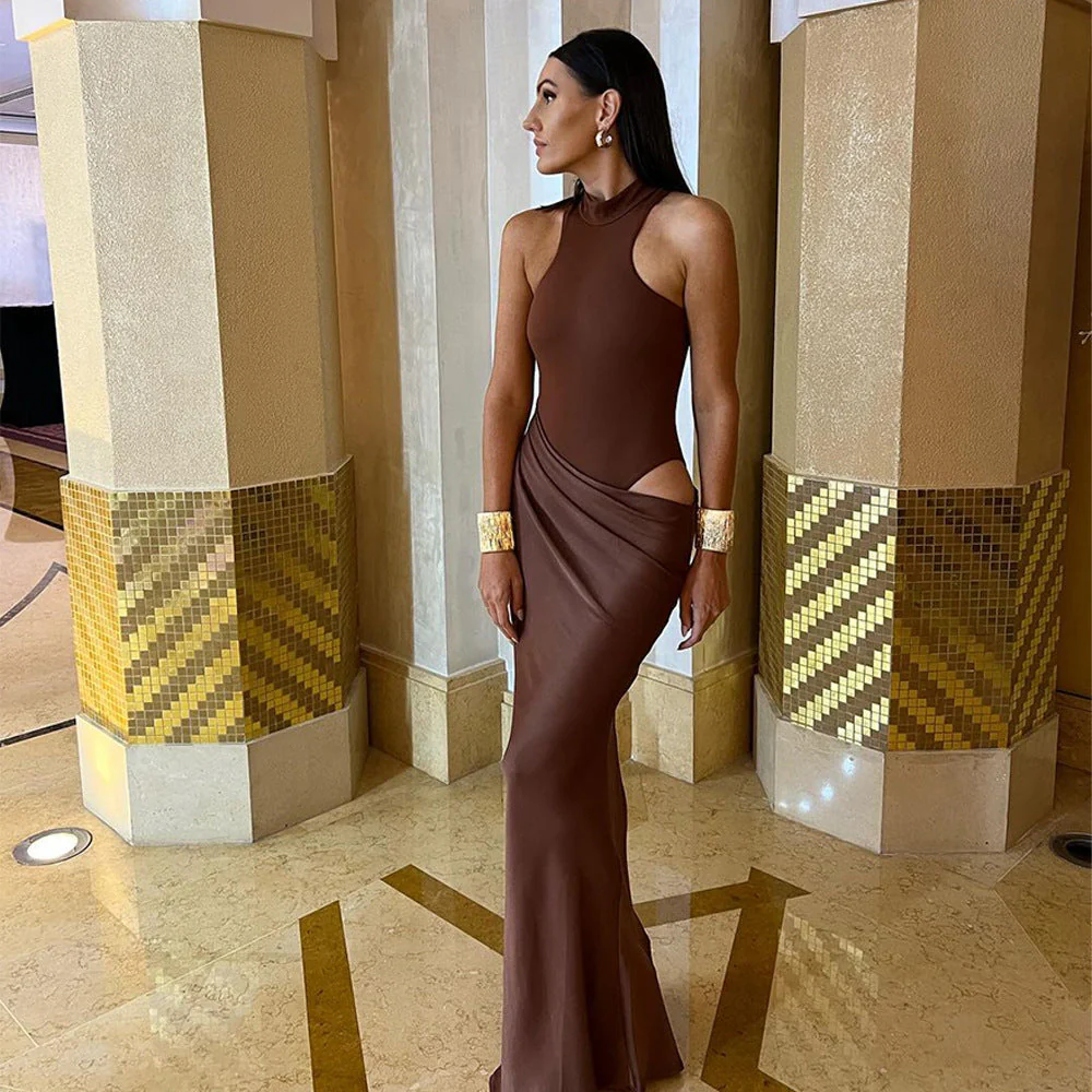 Women’s High Neck Maxi Dress with Draped Asymmetric Satin Skirt - Image 7