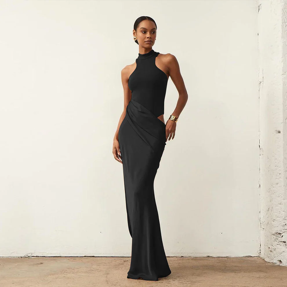 Women’s High Neck Maxi Dress with Draped Asymmetric Satin Skirt - Image 8