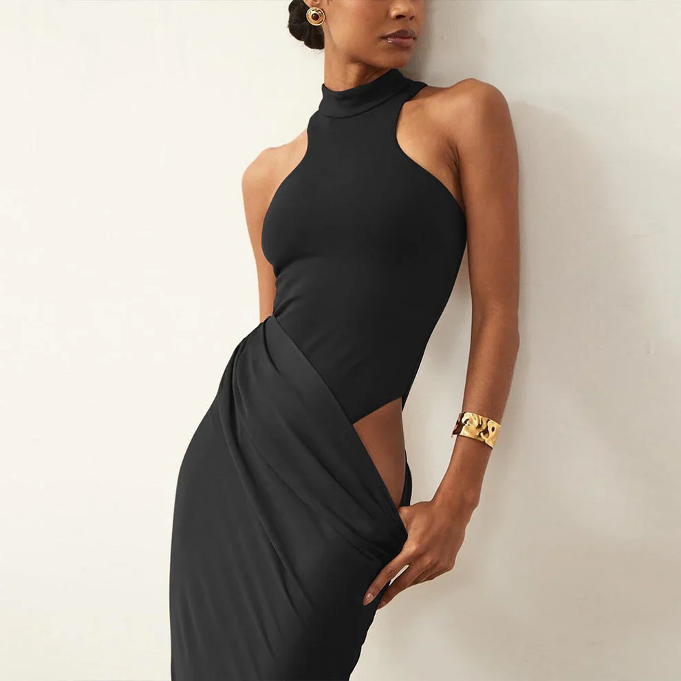 Women’s High Neck Maxi Dress with Draped Asymmetric Satin Skirt - Image 9