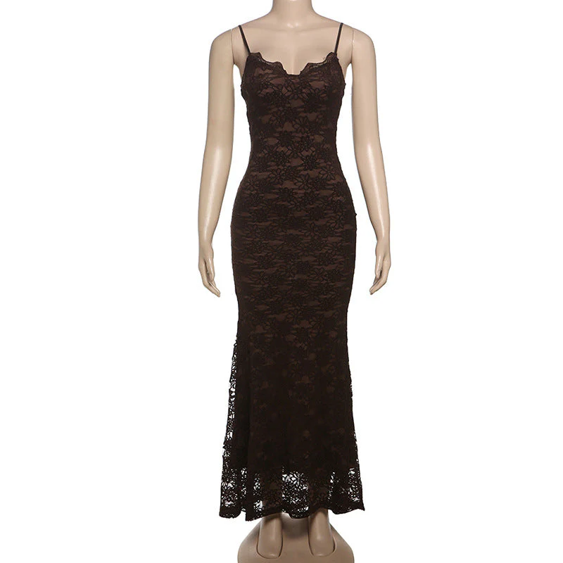 Women’s Lace Slip Maxi Dress with Floral Scalloped Neckline Trim - Image 9