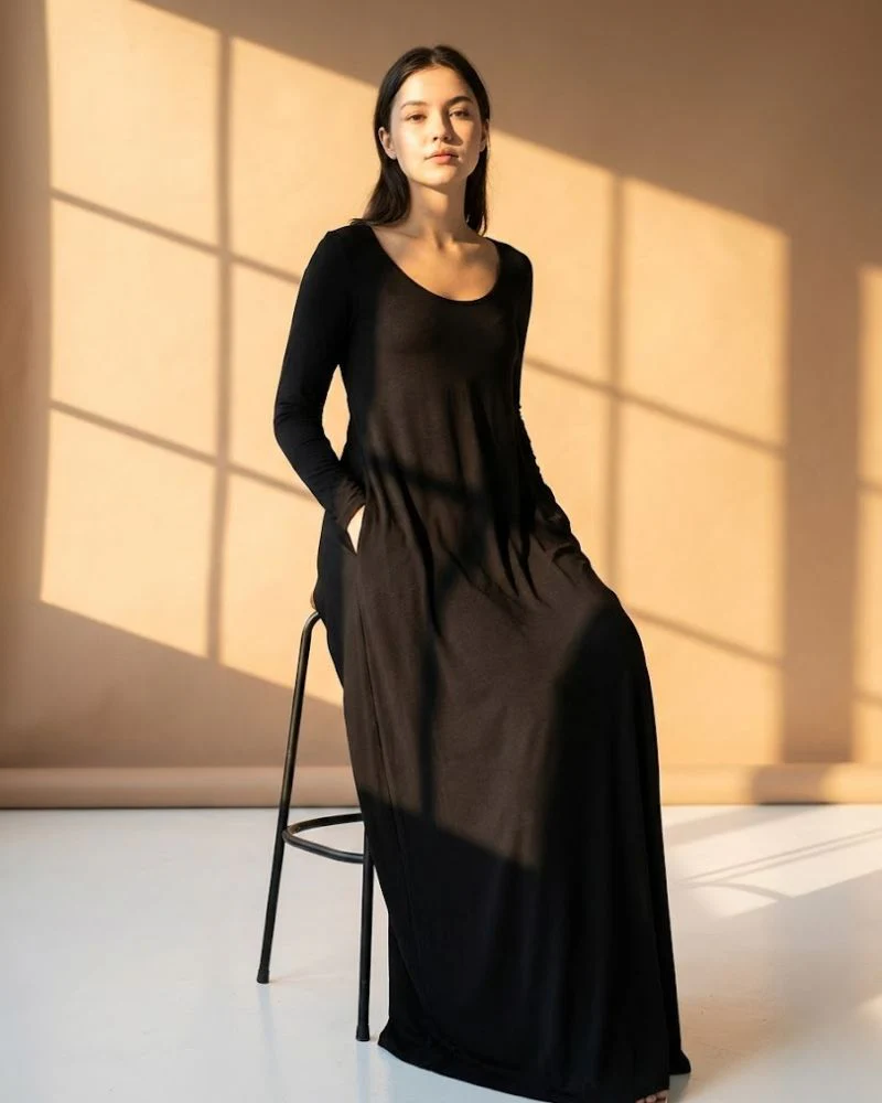 Women’s Long Sleeve Maxi Dress with Hidden Side Pockets - Image 2